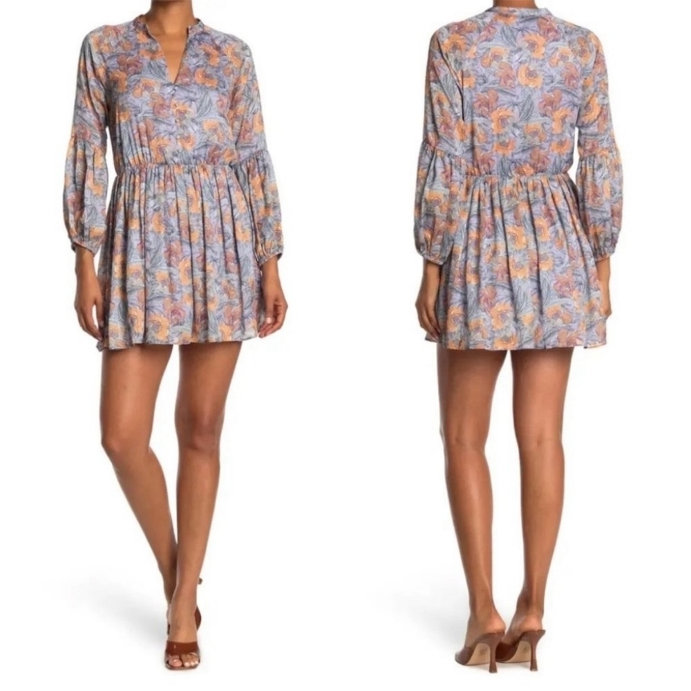 Anthropologie NSR Andra Purple Orange Satin Long Puff Sleeve V-neck Mini Dress
